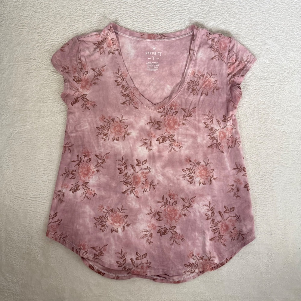 Americanโ Eagle Outfitters Favorite T Pink Floral Tie Dye V-Neck Top XS